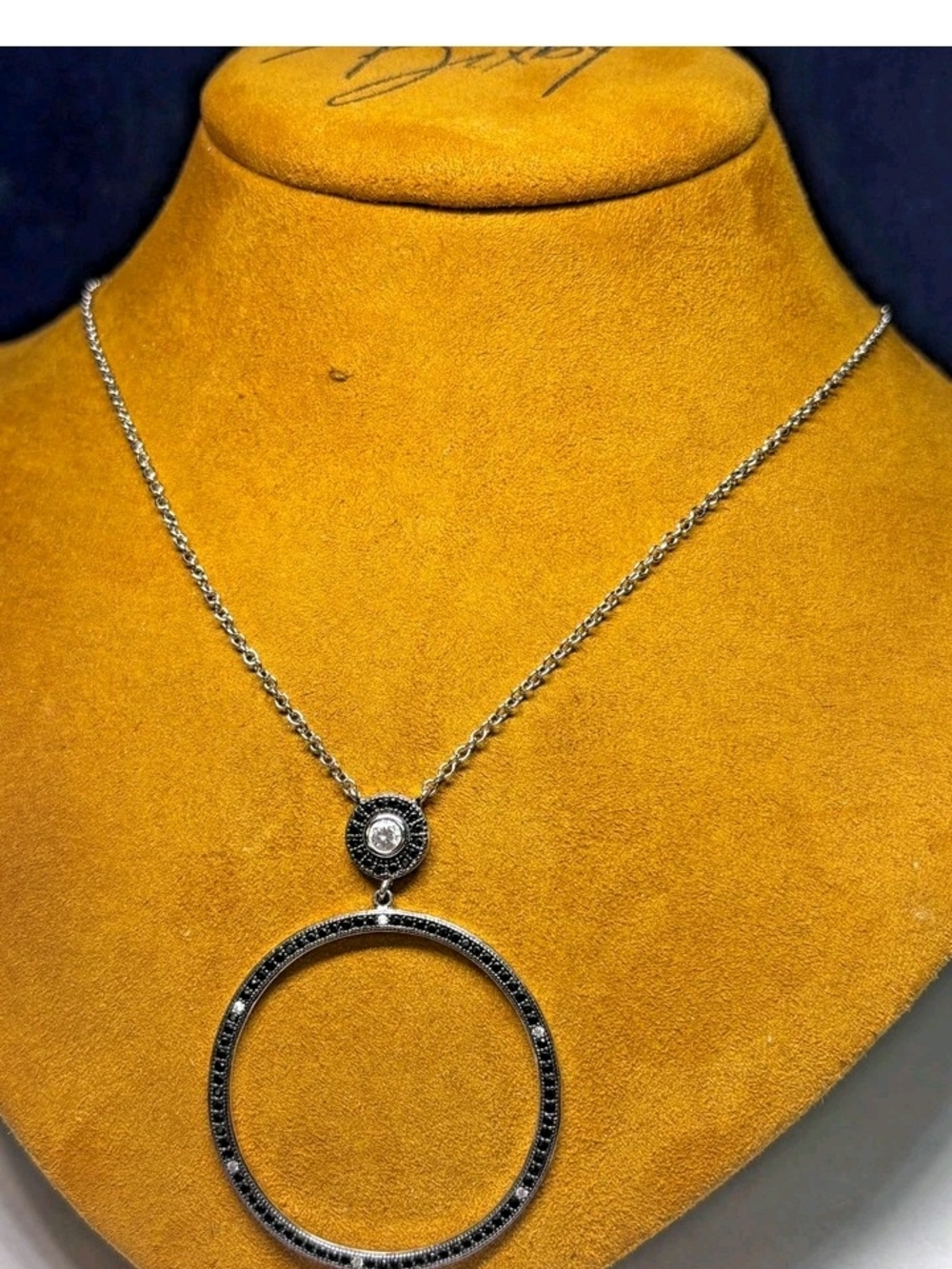 Silver Open Circle Pendant Necklace with Black Accents
